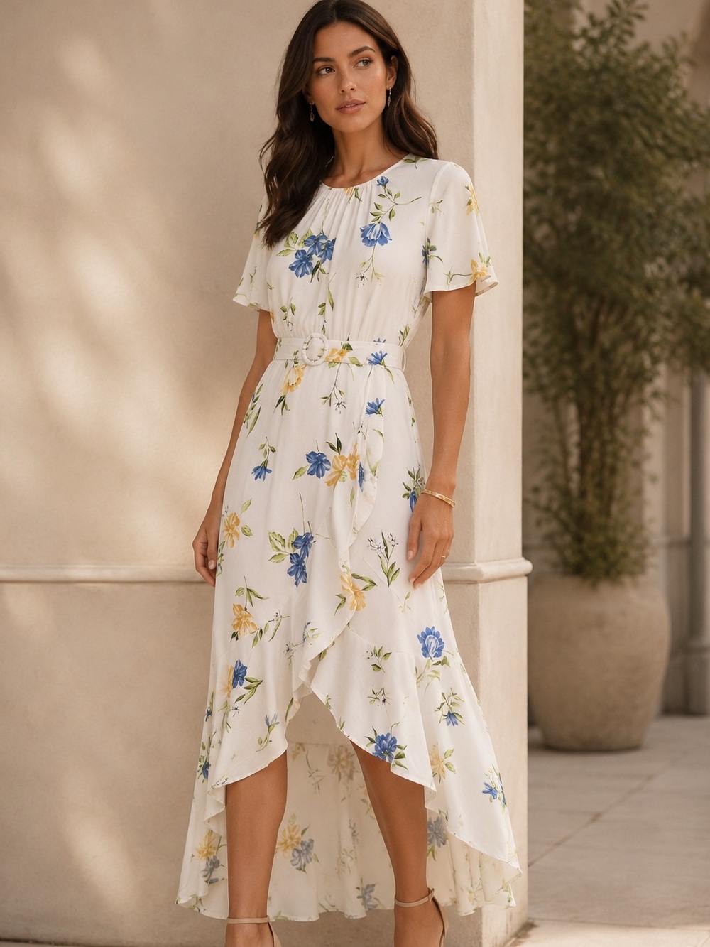 FRENCH CONNECTION White Floral High-Low Midi Dress | Romantic Cottagecore